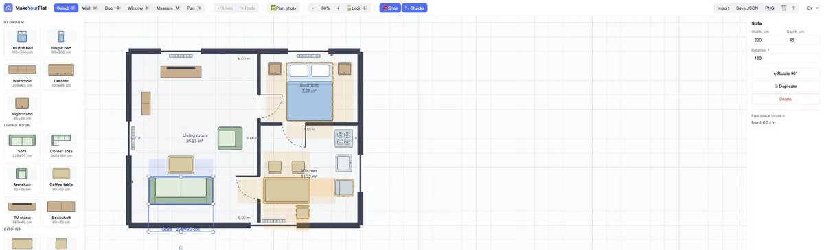A sofa 220×95 cm selected in the MakeYourFlat editor: the right-hand panel shows width, depth, rotation and 60 cm of free space in front of it