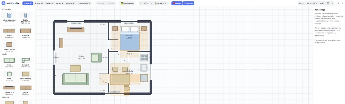 Edytor MakeYourFlat: plan mieszkania 44 m&sup2; podzielony na salon 25,23 m&sup2;, sypialnię 7,87 m&sup2; i kuchnię 11,22 m&sup2;, z katalogiem mebli po lewej i wymiarami w centymetrach